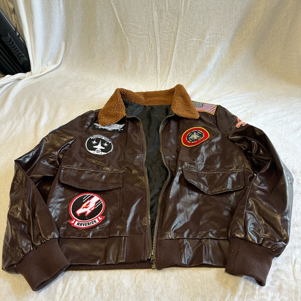 Brown Leather Bomber Jacket with Patches (Top Gun Maverick)